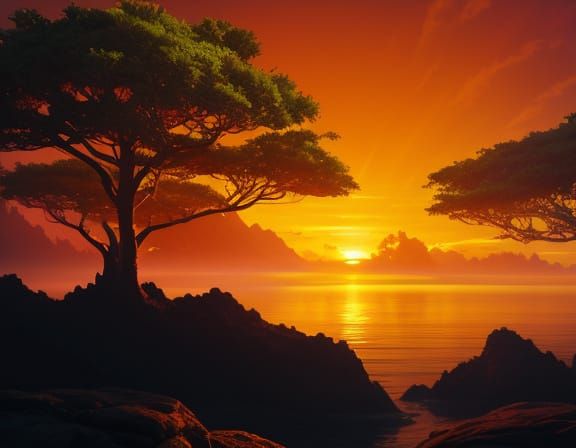 Alien Island Sunset in Digital Painting Style