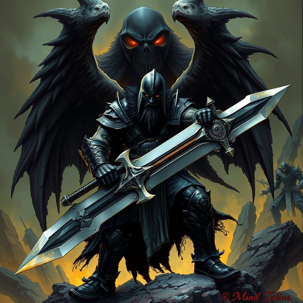 Dark Fantasy Warrior with Sword in Ominous Setting