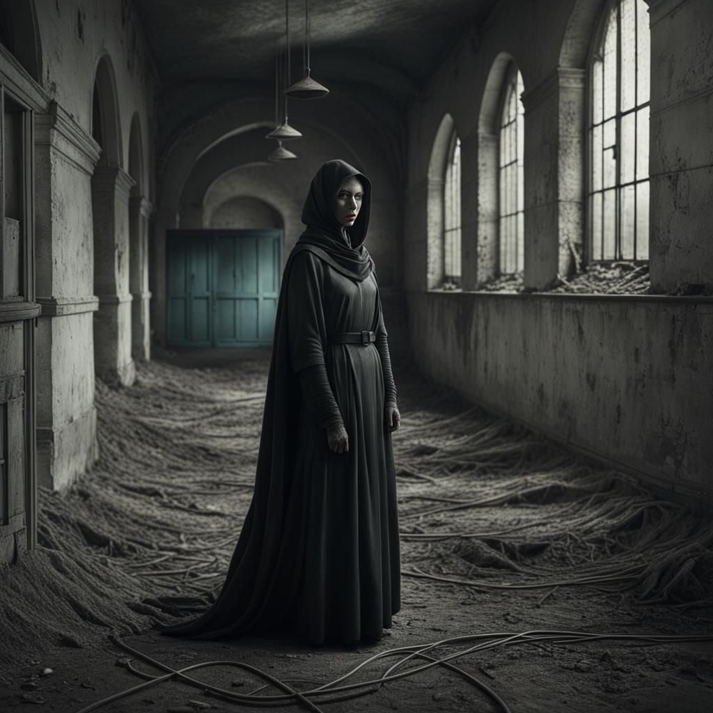 Desolate Asylum with Selective Coloring in Realism Style