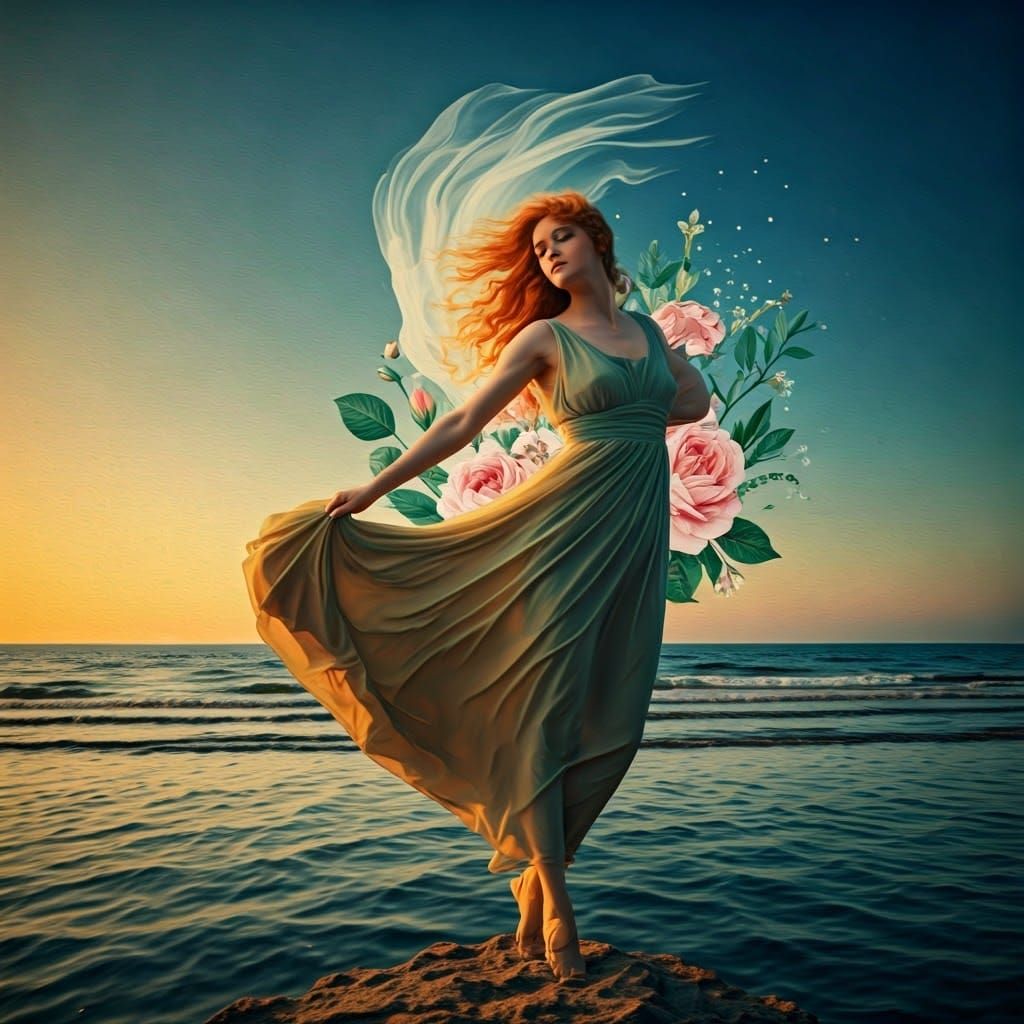 Mannerist Seascape of Whimsical Dancing Woman