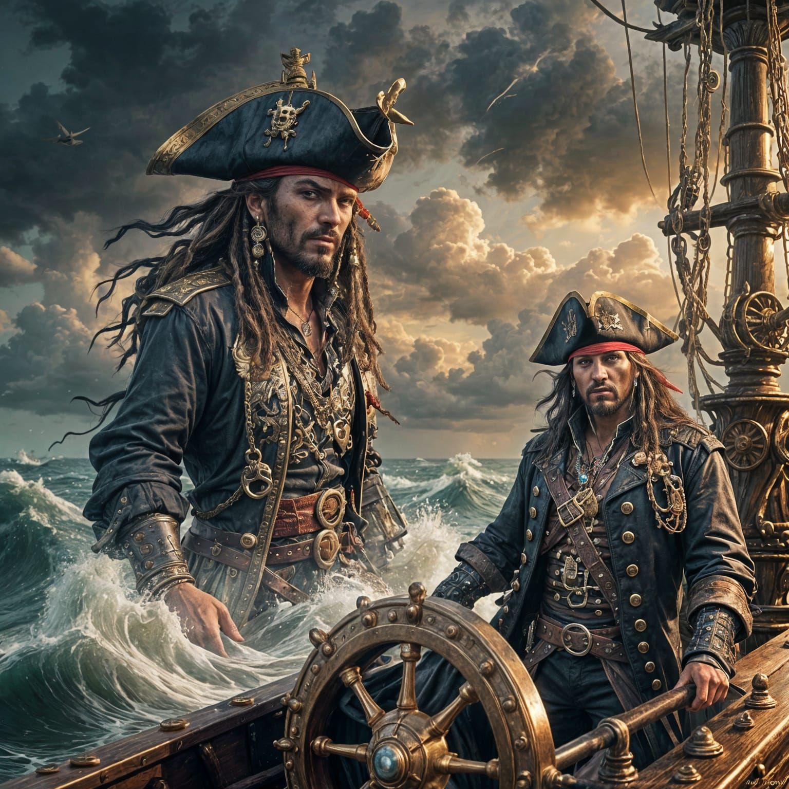 Menacing Pirate on Deck Amidst Stormy Seas