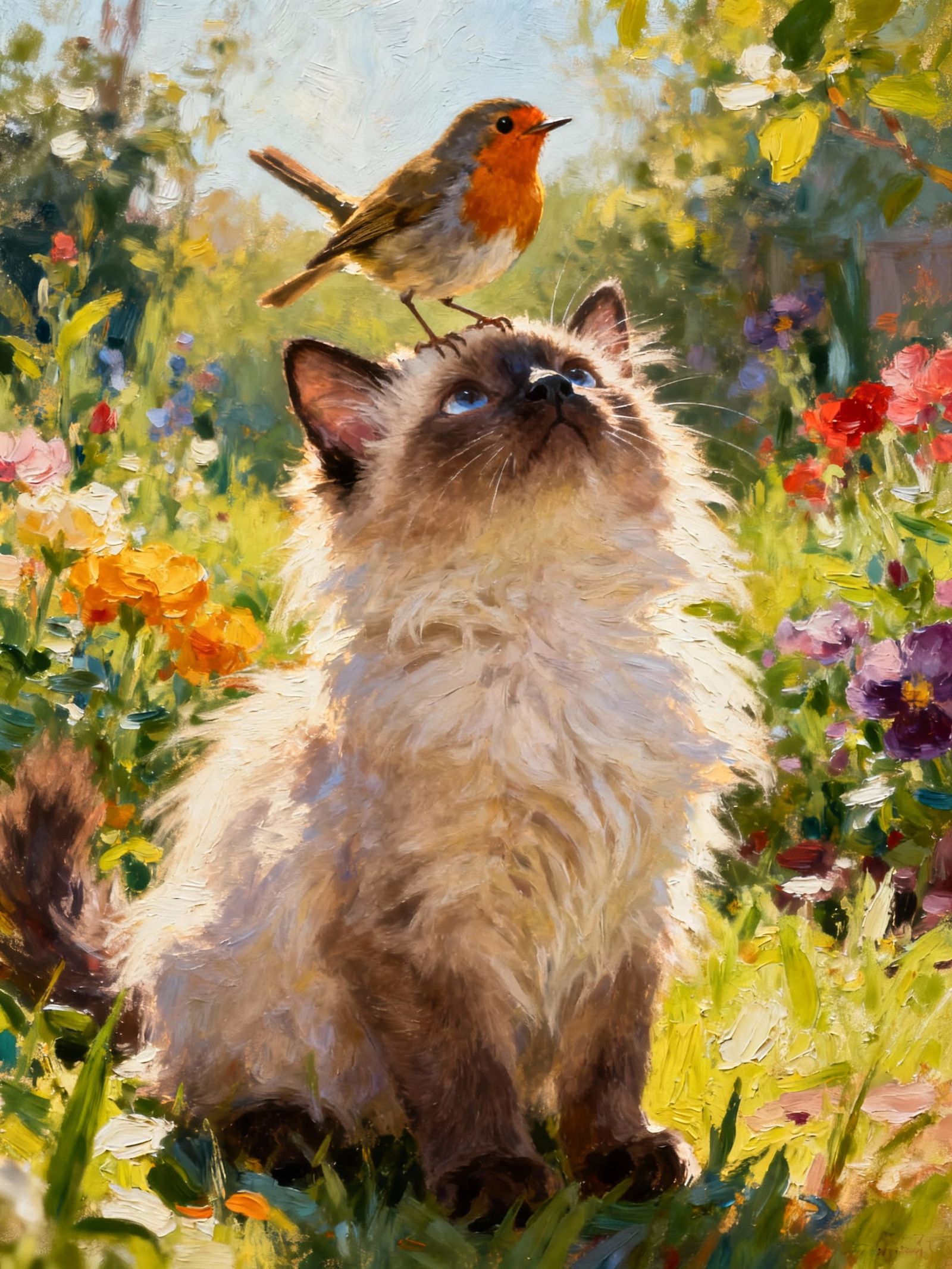 Fluffy Siamese Kitten with Robin in Garden