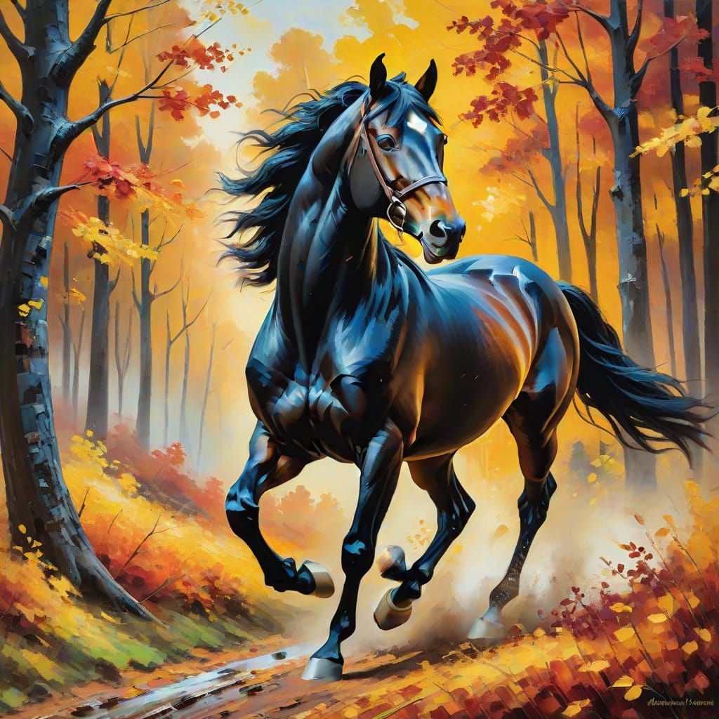 Black Stallion Galloping: Expressionist Oil Painting in Autu...