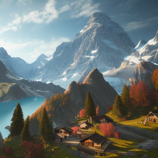 Fantastical Switzerland Mountain Landscape in Detailed Matte...