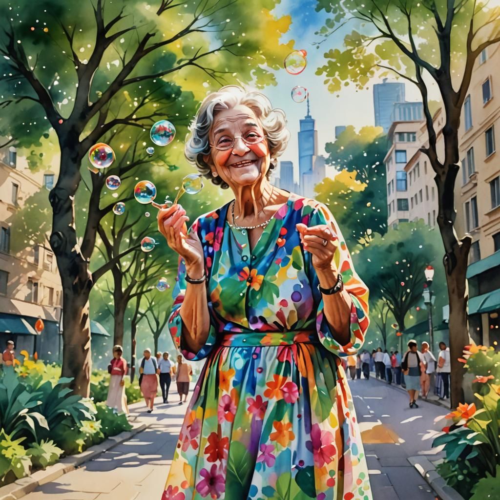 Happy Italian Lady Blowing Bubbles in Park