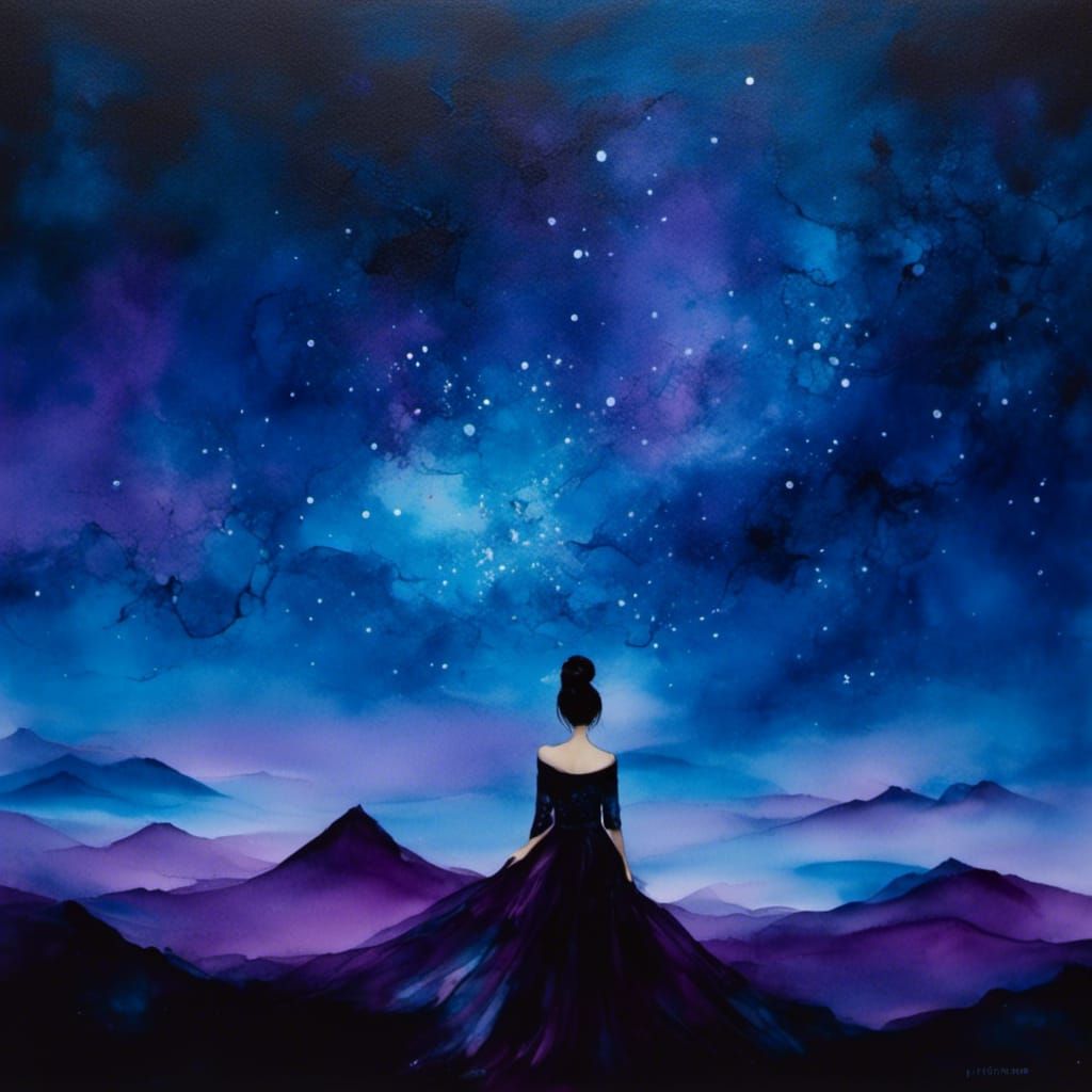 Geisha Gazing at Starry Sky in Alcohol Ink Art