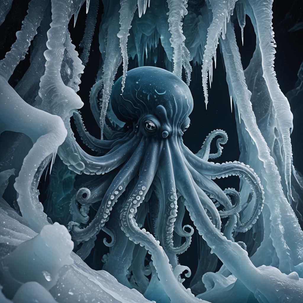 Bioluminescent Alien Octopus Frozen in Iceberg