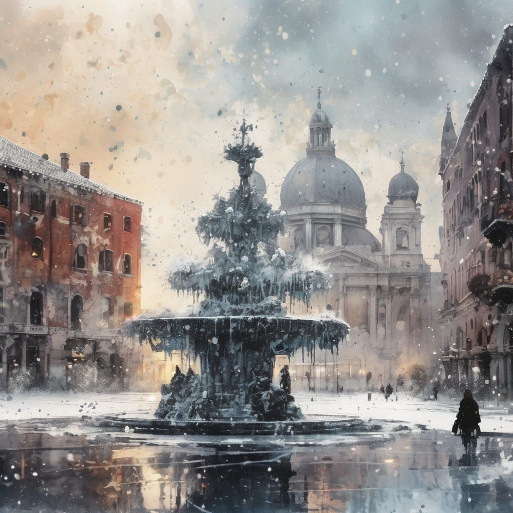 Venice Plaza Under Snow in Watercolor Style