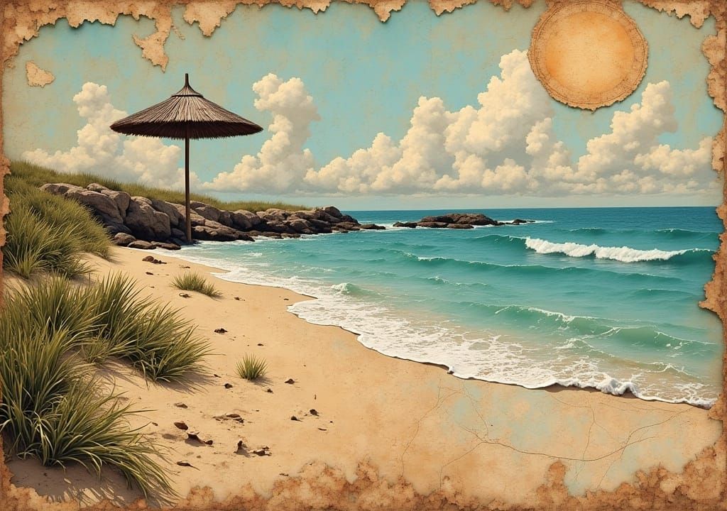 Nostalgic Beach Landscape in Digital Collage Style