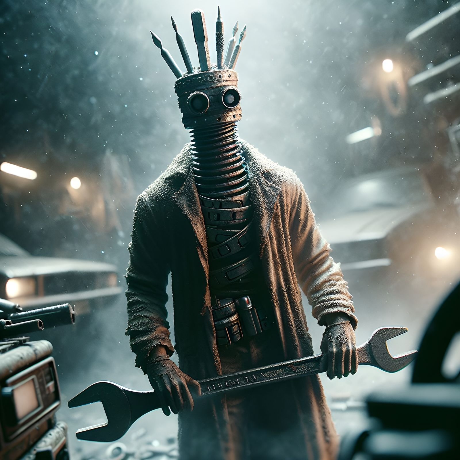 Dystopian Screwdriver Warrior in Grungy Car Shop