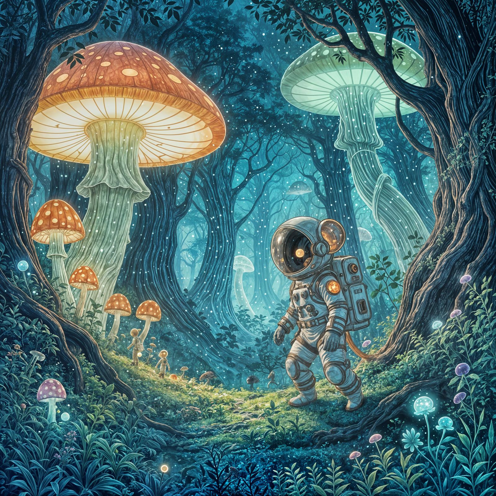 Astronaut Mouse in Glowing Forest, Retrofuture Tech, Waterco...