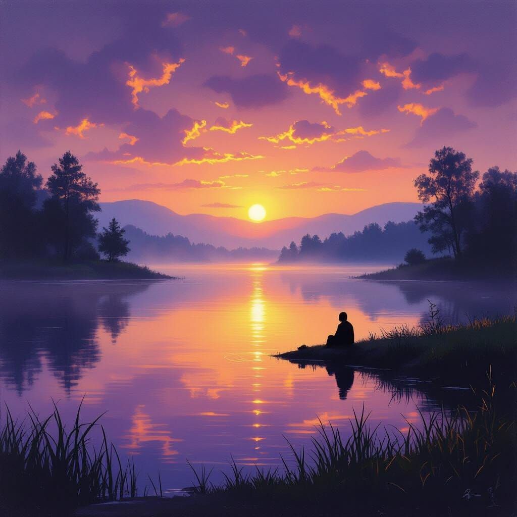 Serene Landscape Painting of Inner Peace at Sunset