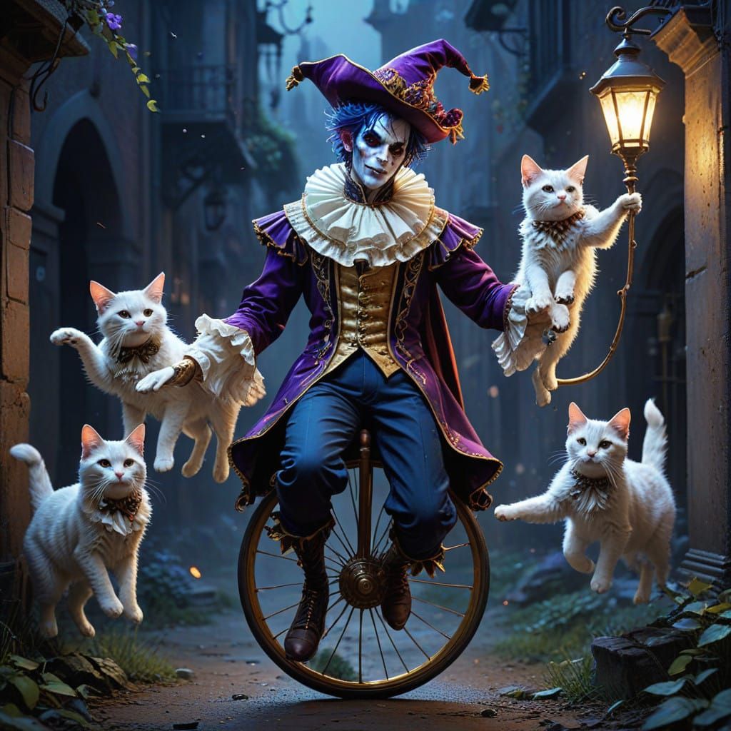 Majestic Jester Juggles Five Furry Kittens in Dark Fantasy S...