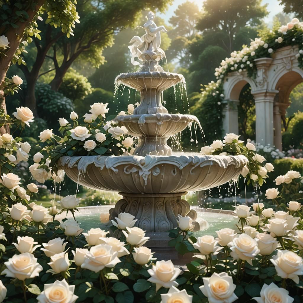 Serene Park Fountain with White Roses