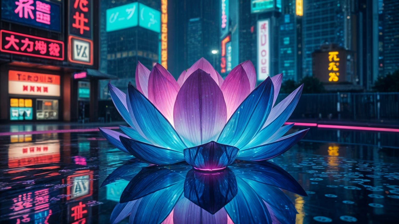 Cyberpunk Lotus Flower Blooms in Neon City
