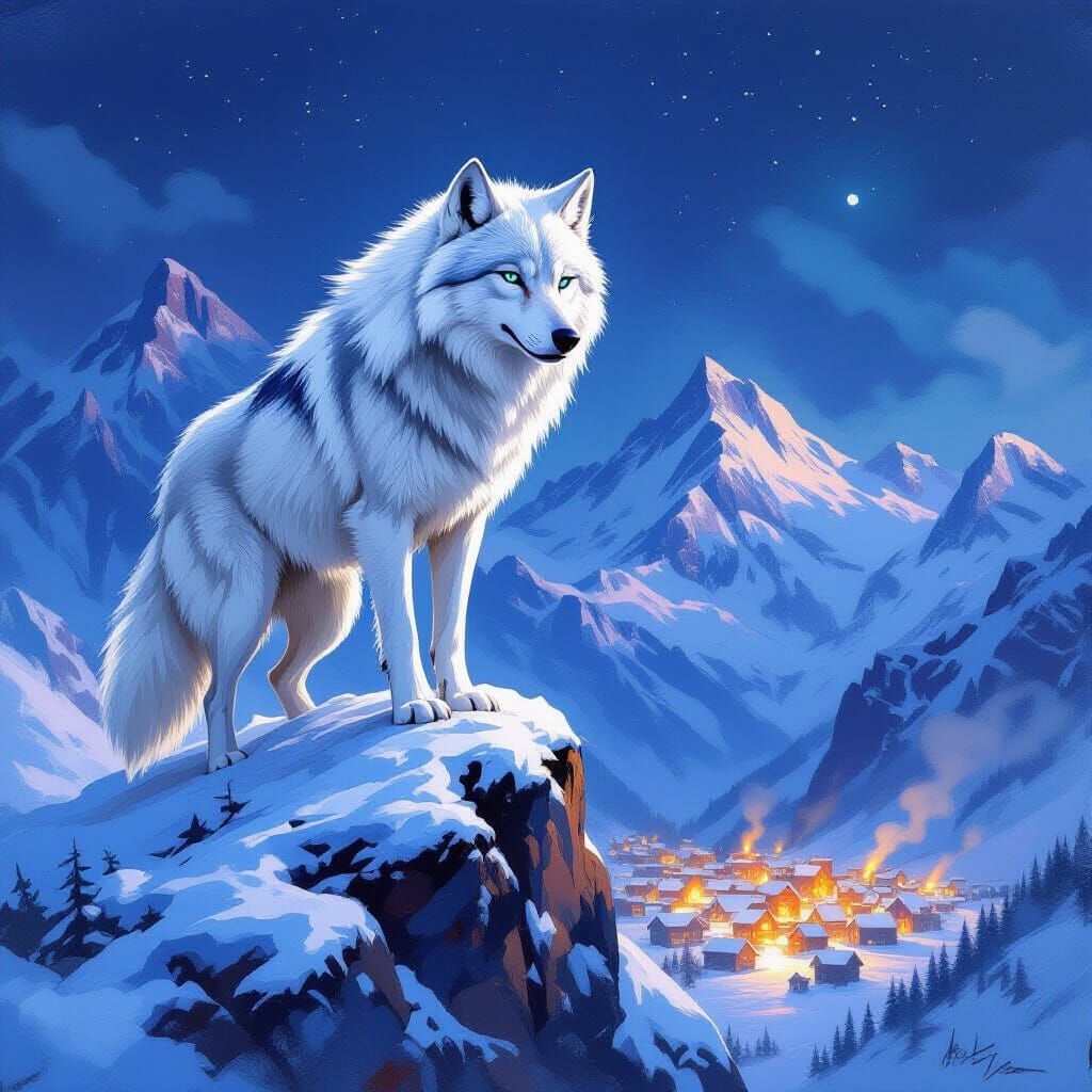 White Wolf Guardian on Snowy Mountain Overlooking Village