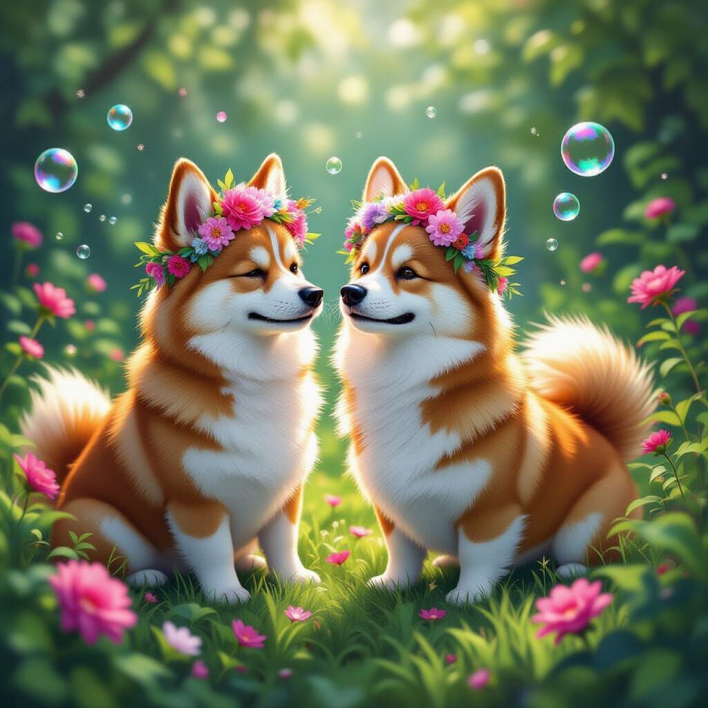 Dogs Tend Luminous Garden in Matte Painting Style