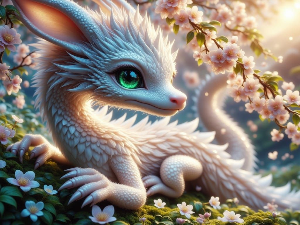 Magical White Dragon with Emerald Eyes and Cherry Blossoms