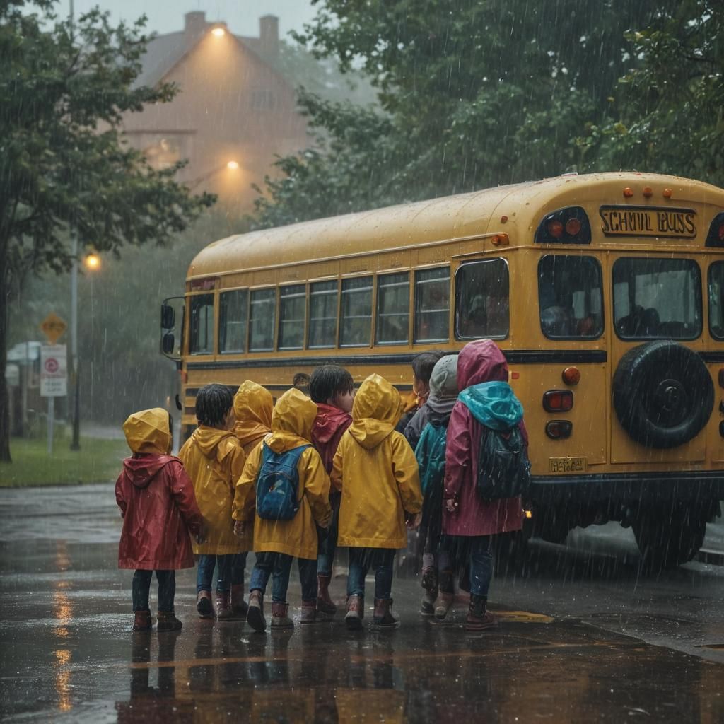 Toddlers in Raincoats Entering School Bus on Rainy Day