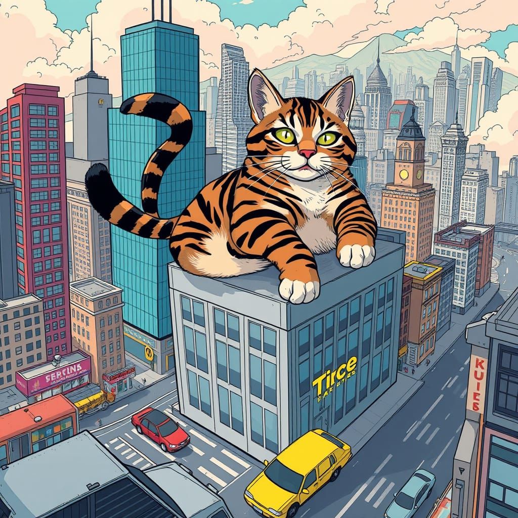 Giant Cat Lounges Over Metropolis: Whimsical Digital Art