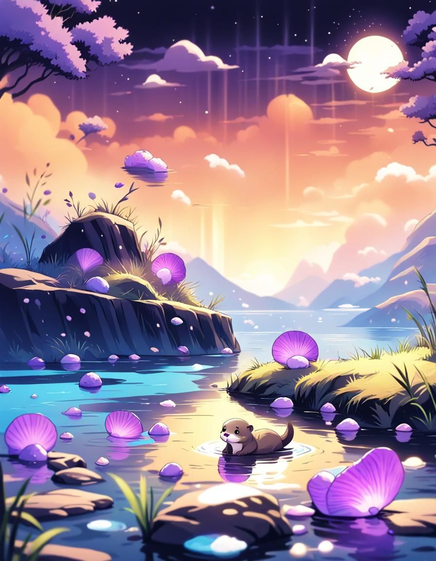 Cute Otter Drifting Down River in Anime Style
