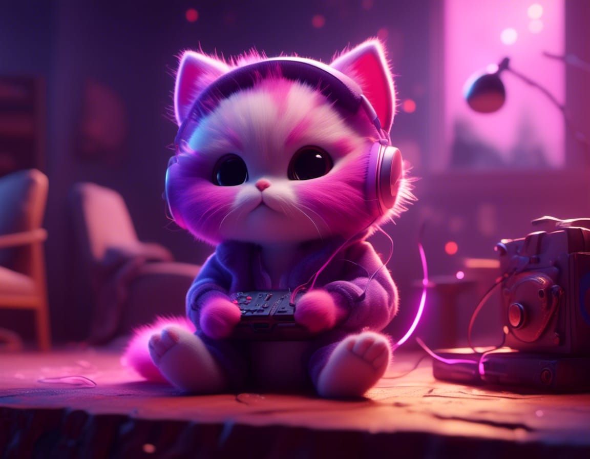 Cute Cartoon Kitten Gamer in Detailed Matte Painting