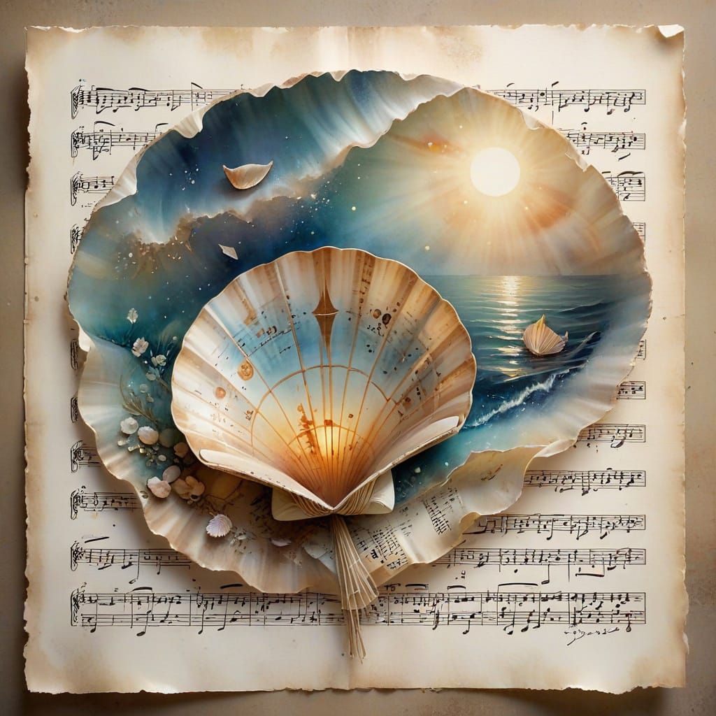 Musical Sheet with Calico Scallop Shell in Ethereal Light