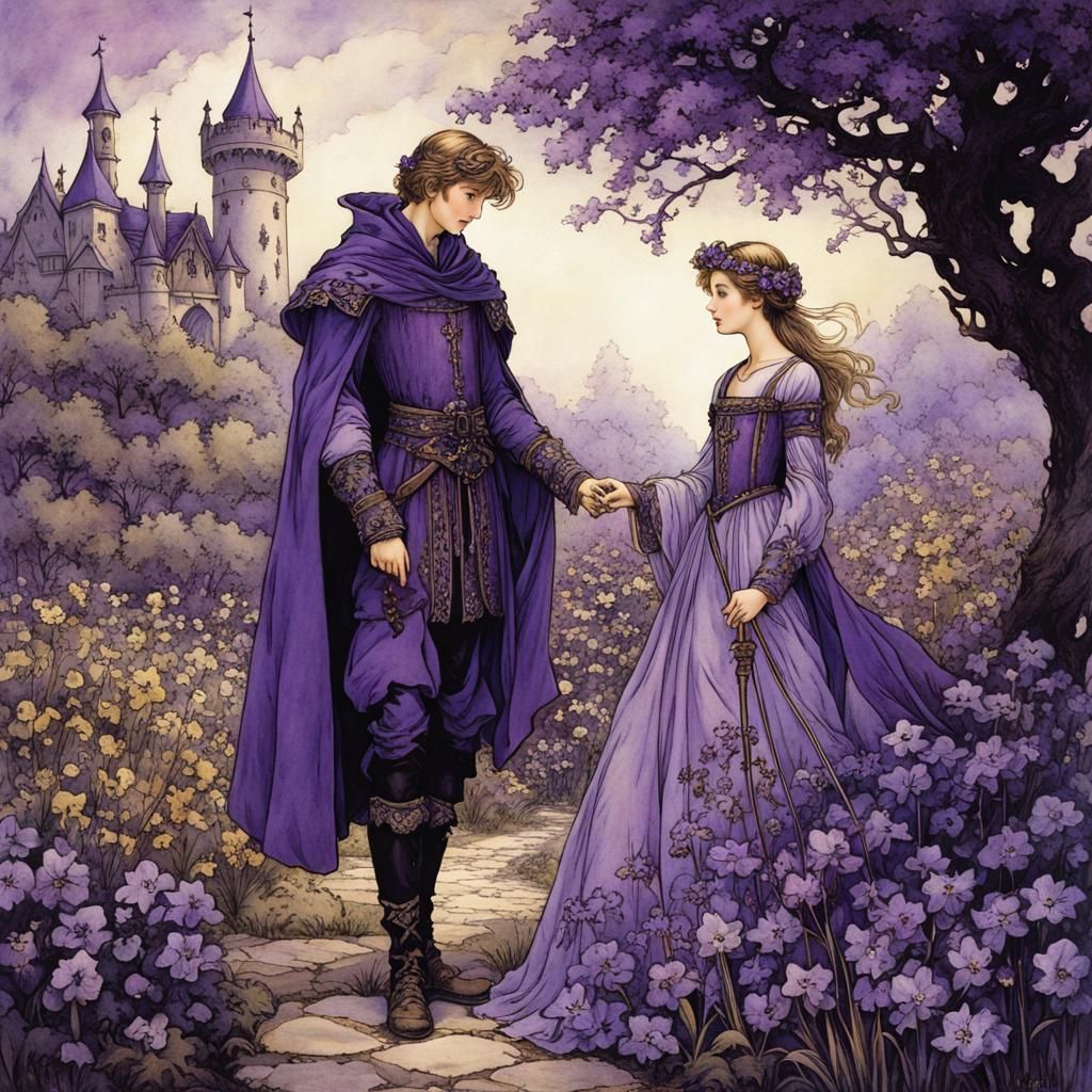 Medieval Fairytale Garden Meeting in Anime Arthur Rackham St...