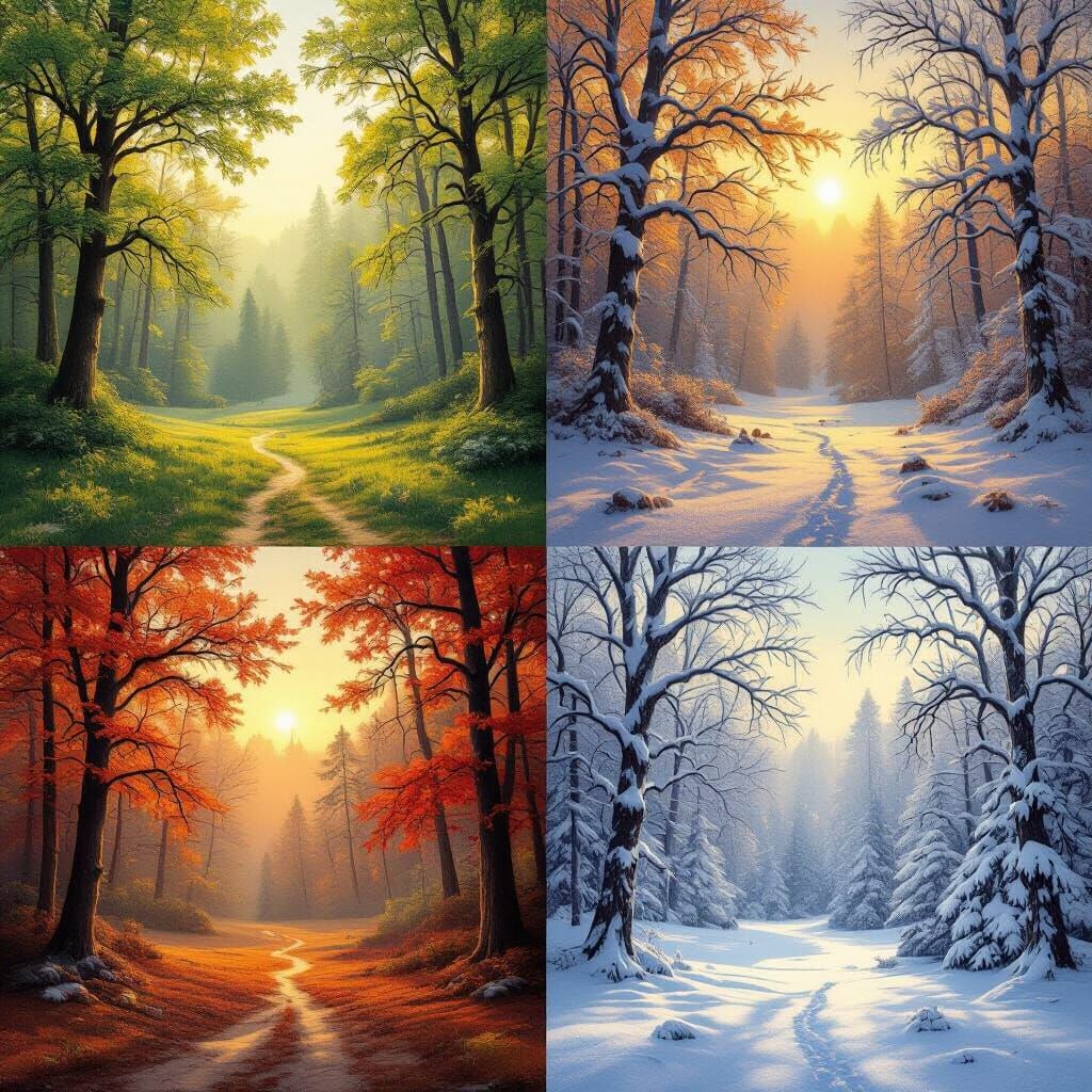 Forest Through Four Seasons: A Hyperrealistic Digital Painti...