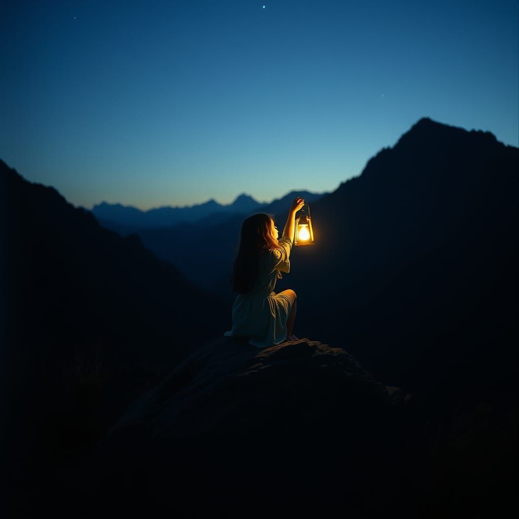 Cinematic Mountain Night Scene with Girl and Lantern
