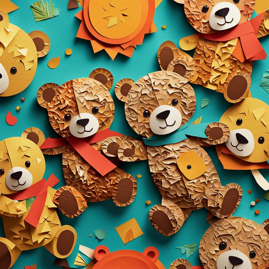 Playful Teddy Bears in Paper Collage Art