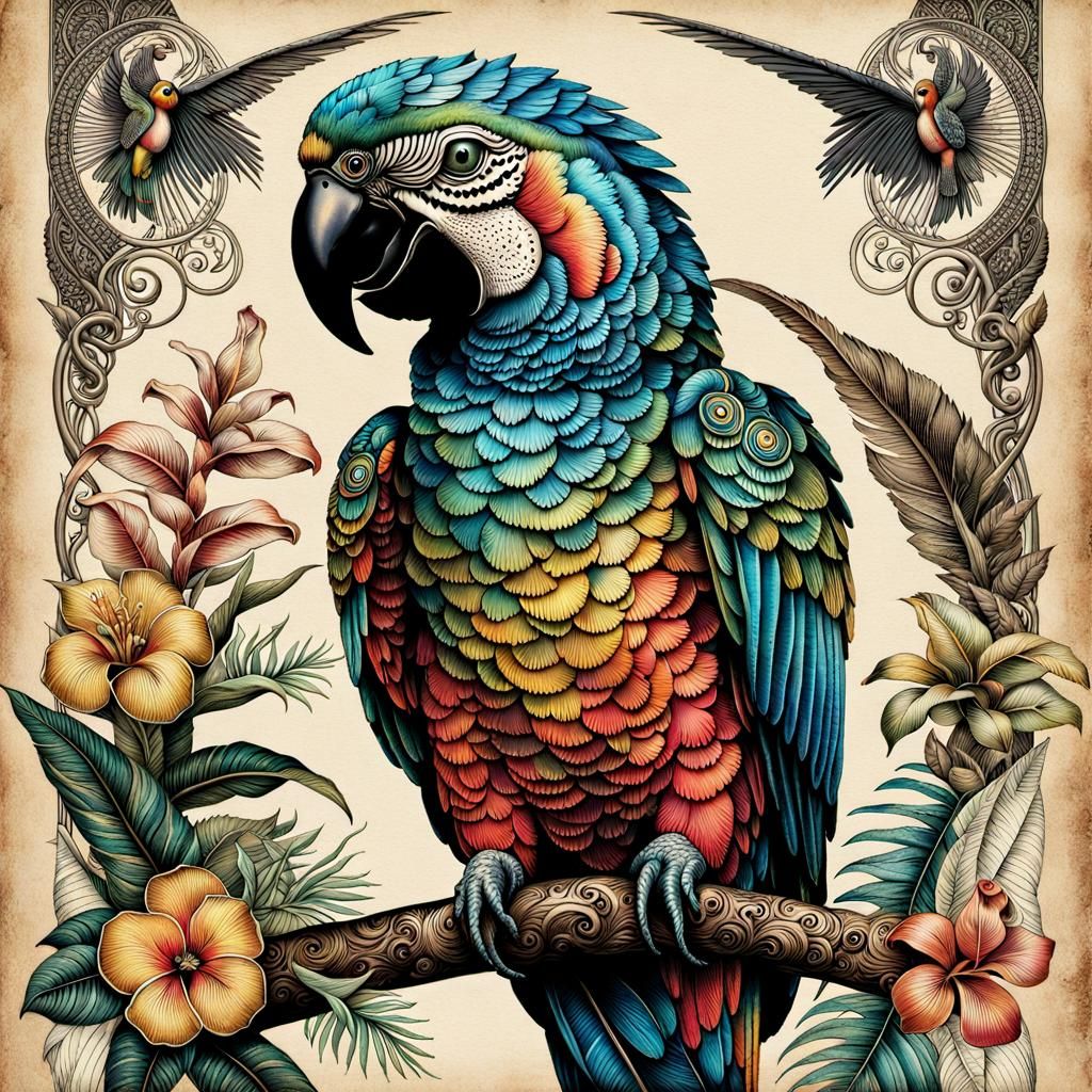 Iridescent Tropical Parrot Vintage Illustration