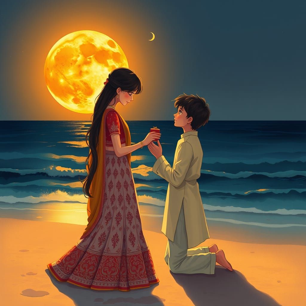 Romantic Beach Proposal Under a Golden Moon