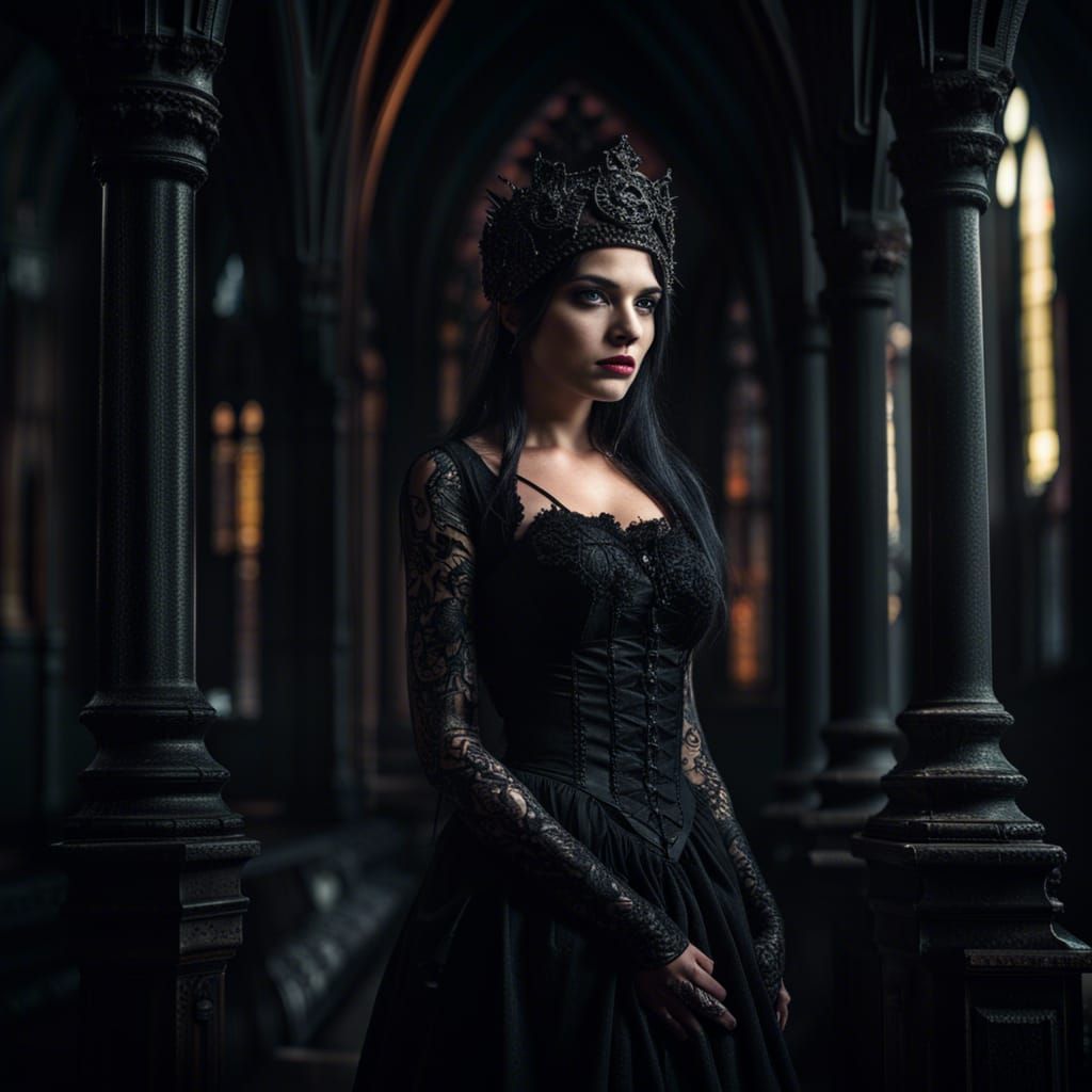 Gothic Beauty in Hyperrealistic Gothic Setting