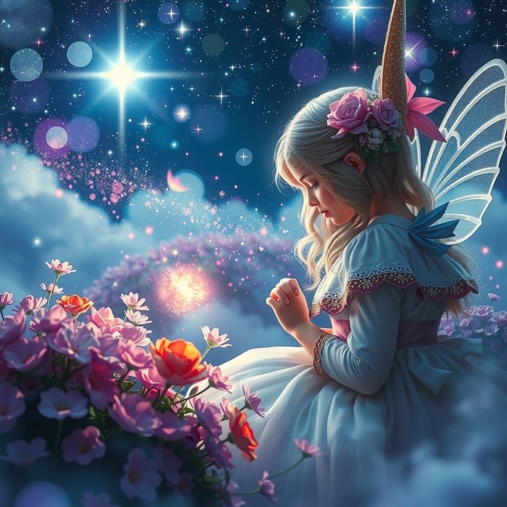 Ethereal Dream: Girl, Flowers, and Starlight