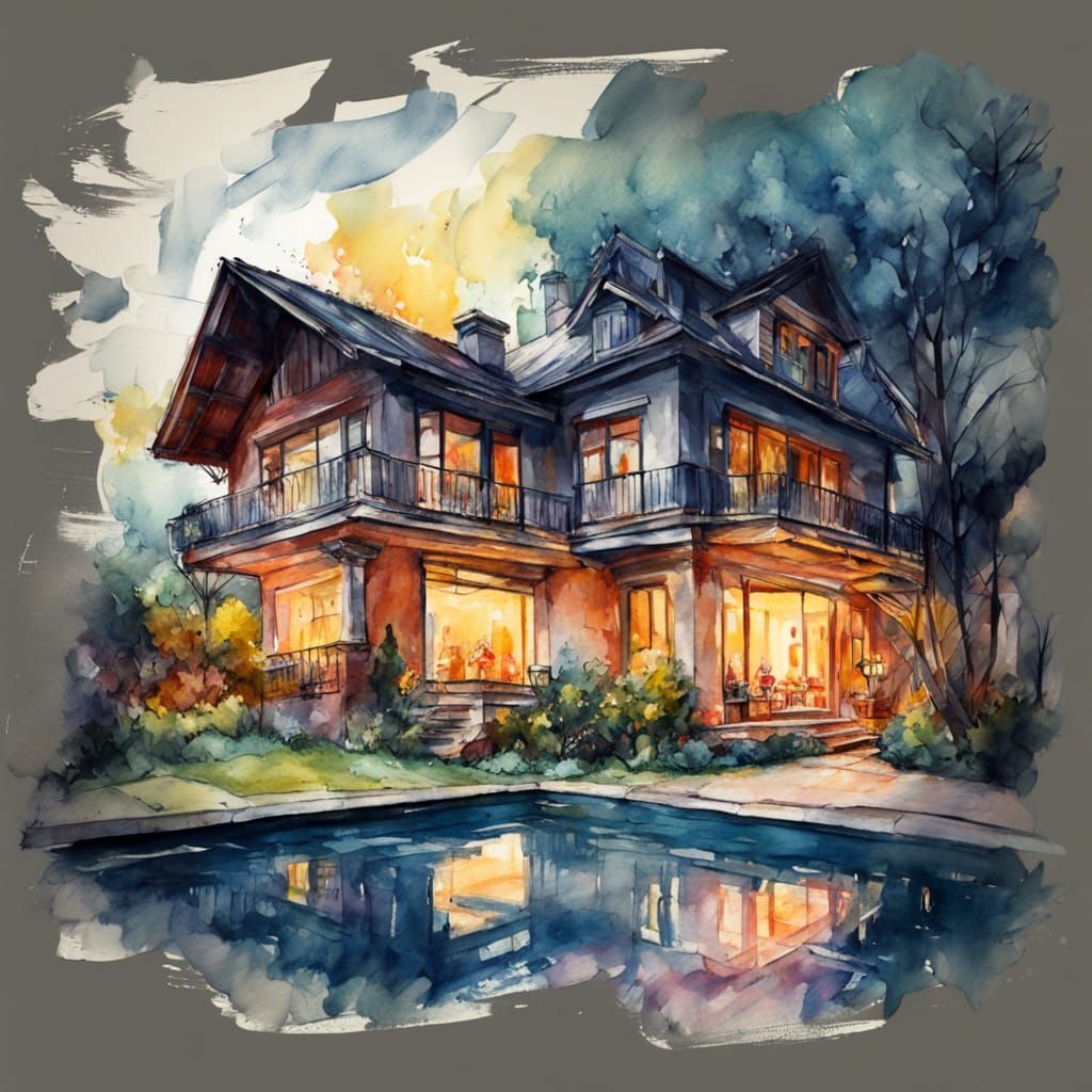 Impressionist House with Pool and Children Swimming