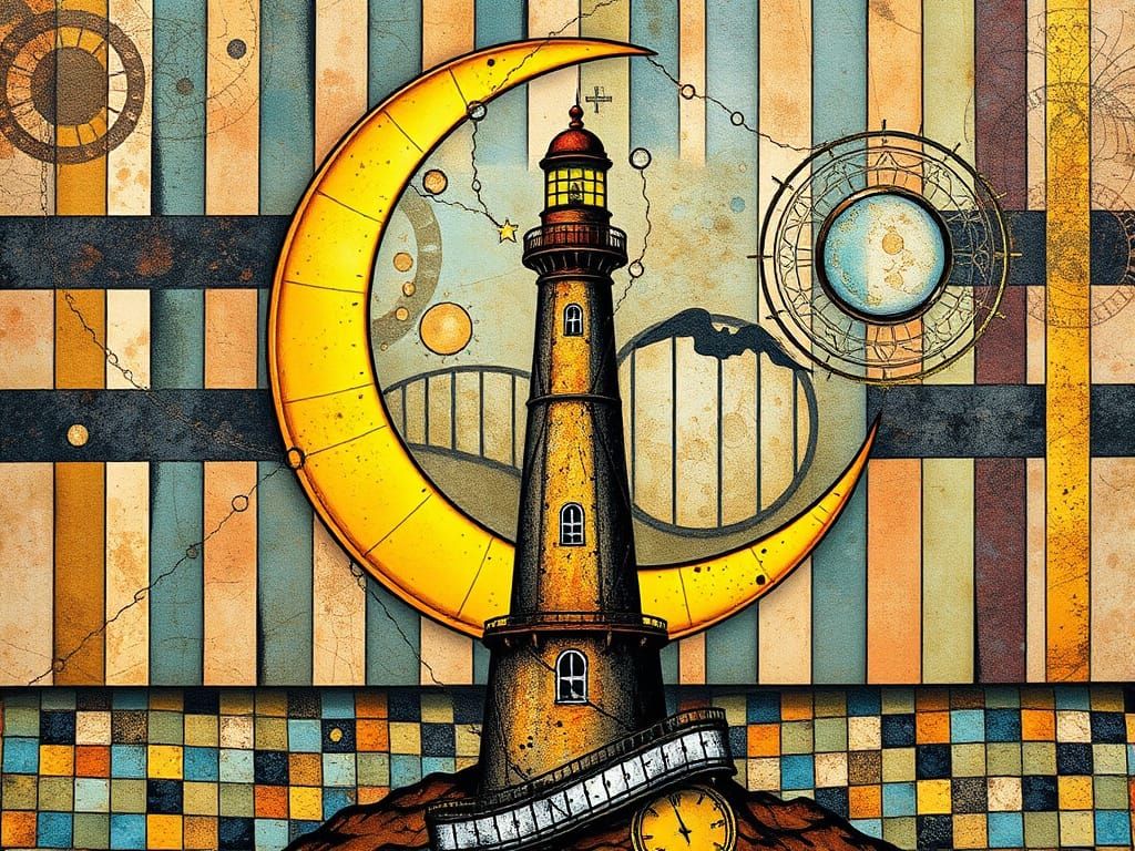 Surreal Steampunk Dreamscape with Giant Crescent Moon