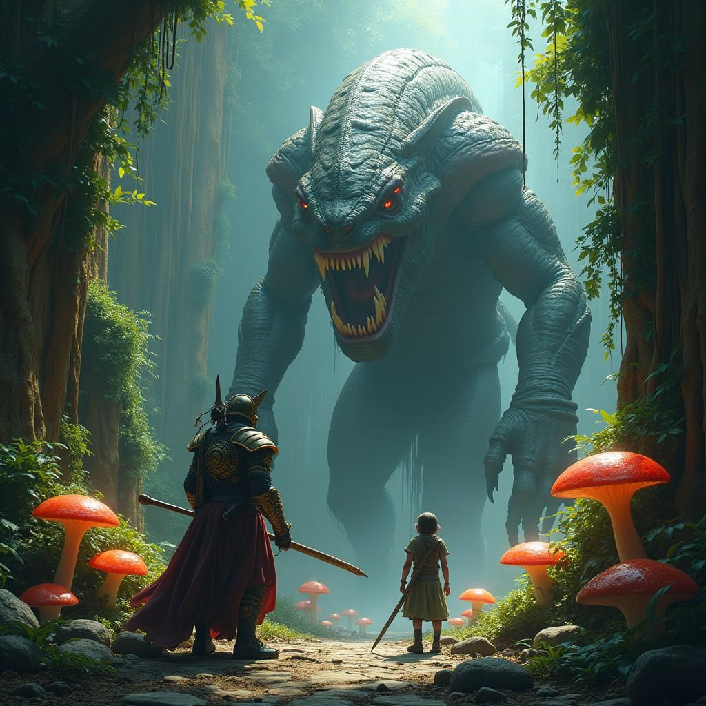 Human and Alien Confront Predator in Jungle Temple