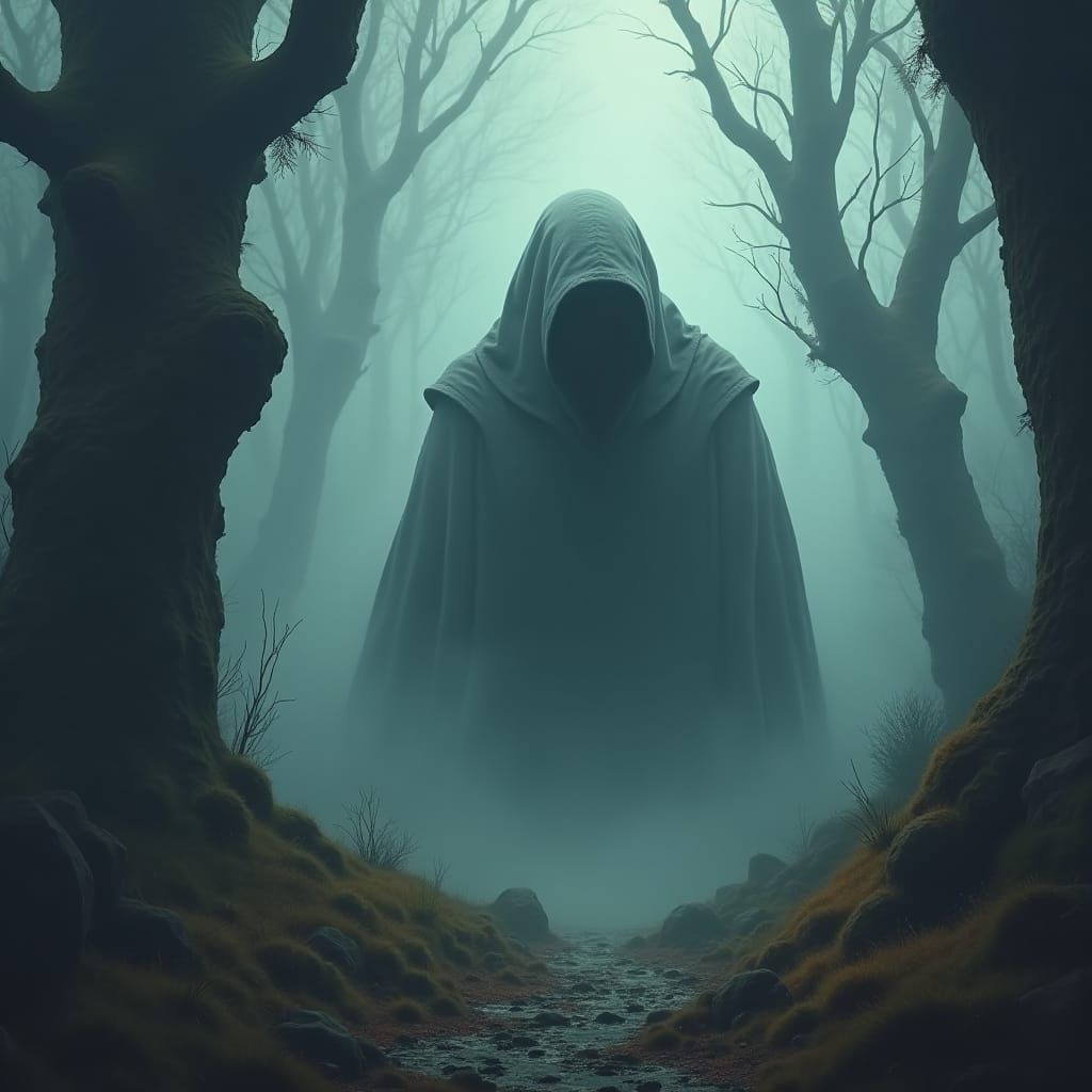 Eerie Shrouded Creature in Primeval Landscape