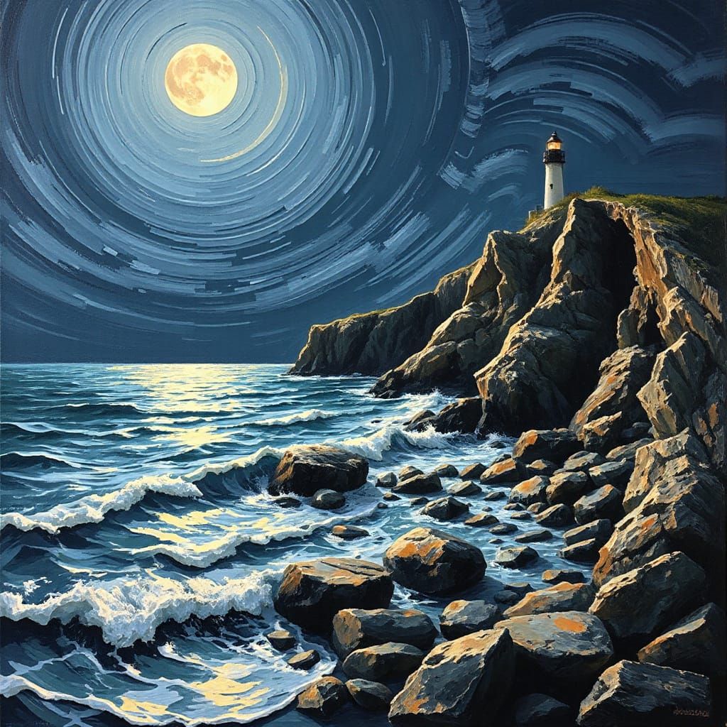 Moonlit Coastal Haven in Expressive Impressionism Style