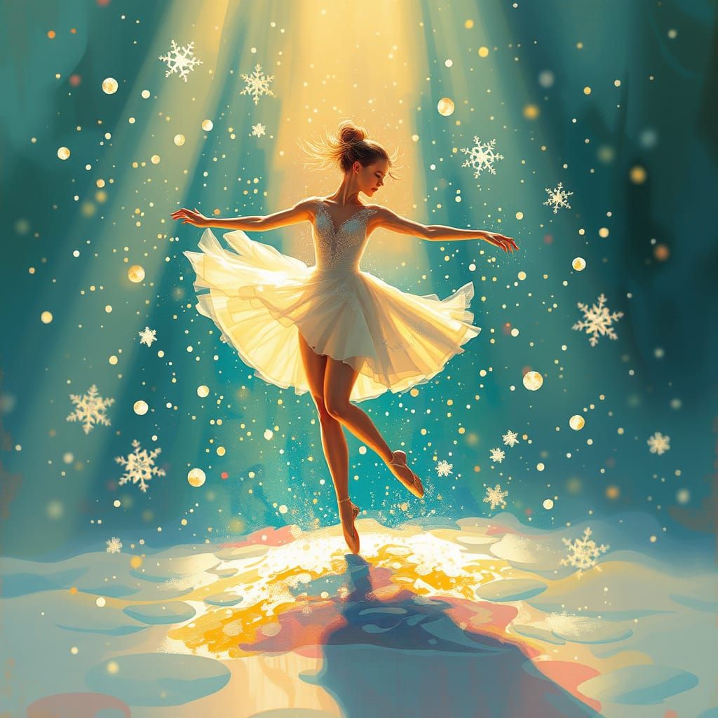 Ethereal Ballerina in Whimsical Snowfall Scene
