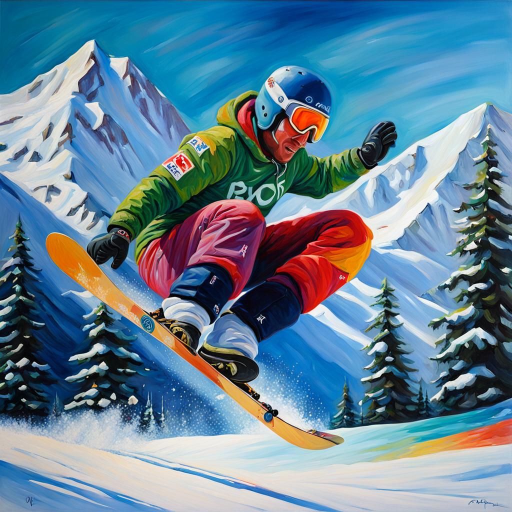 Colorful Oil Painting of Paralympian Snowboarding Event