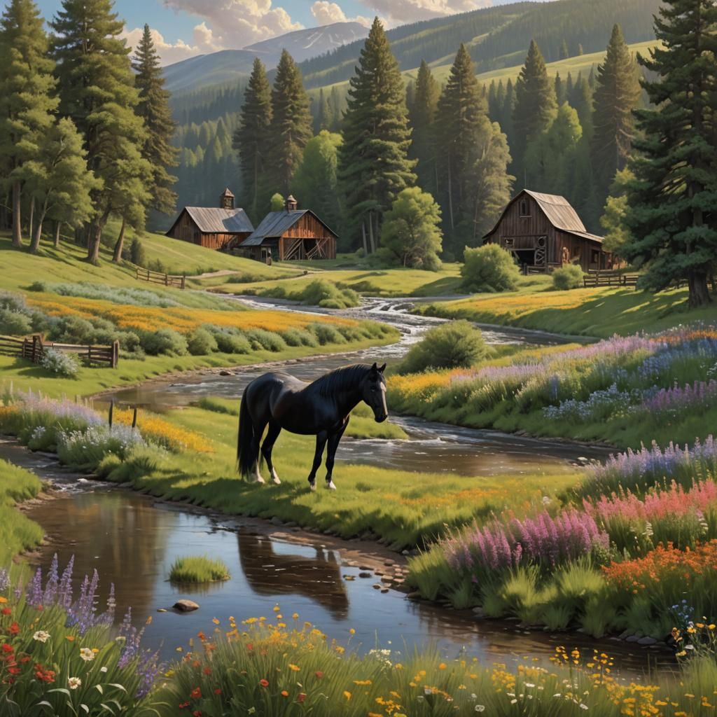 Friesian Horse in Lush Valley: Matte Painting