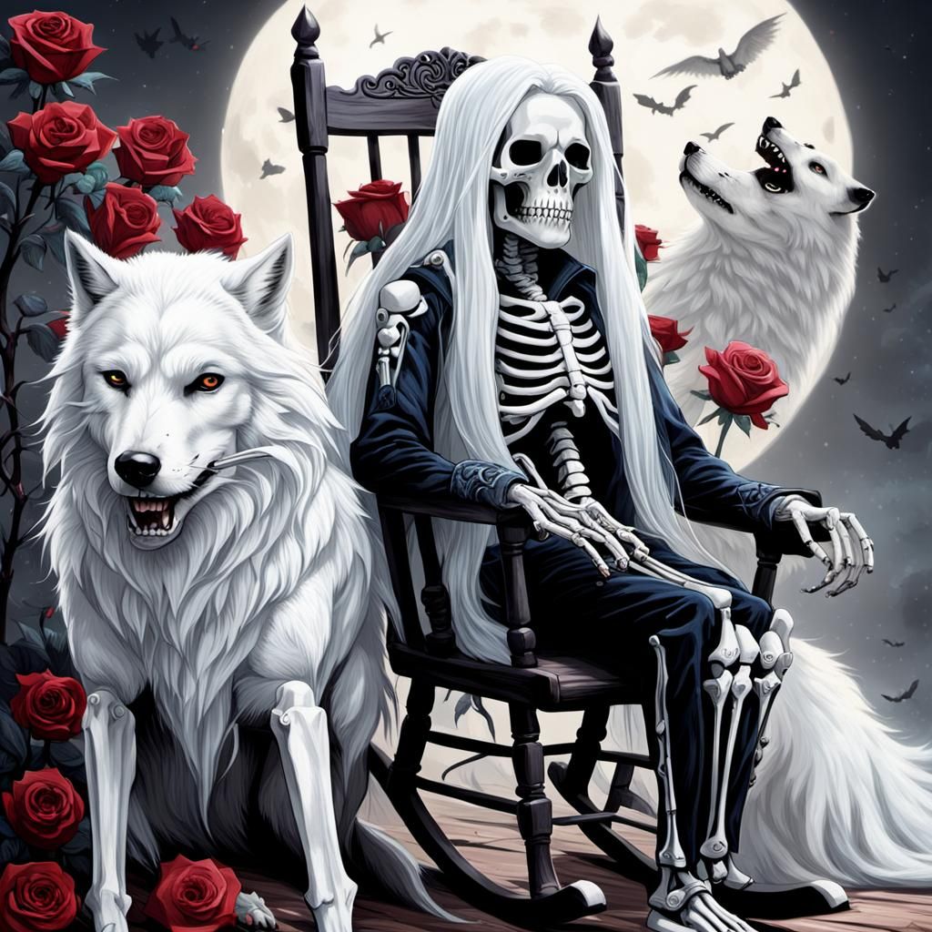 Skeleton with Rose and Wolf Companion