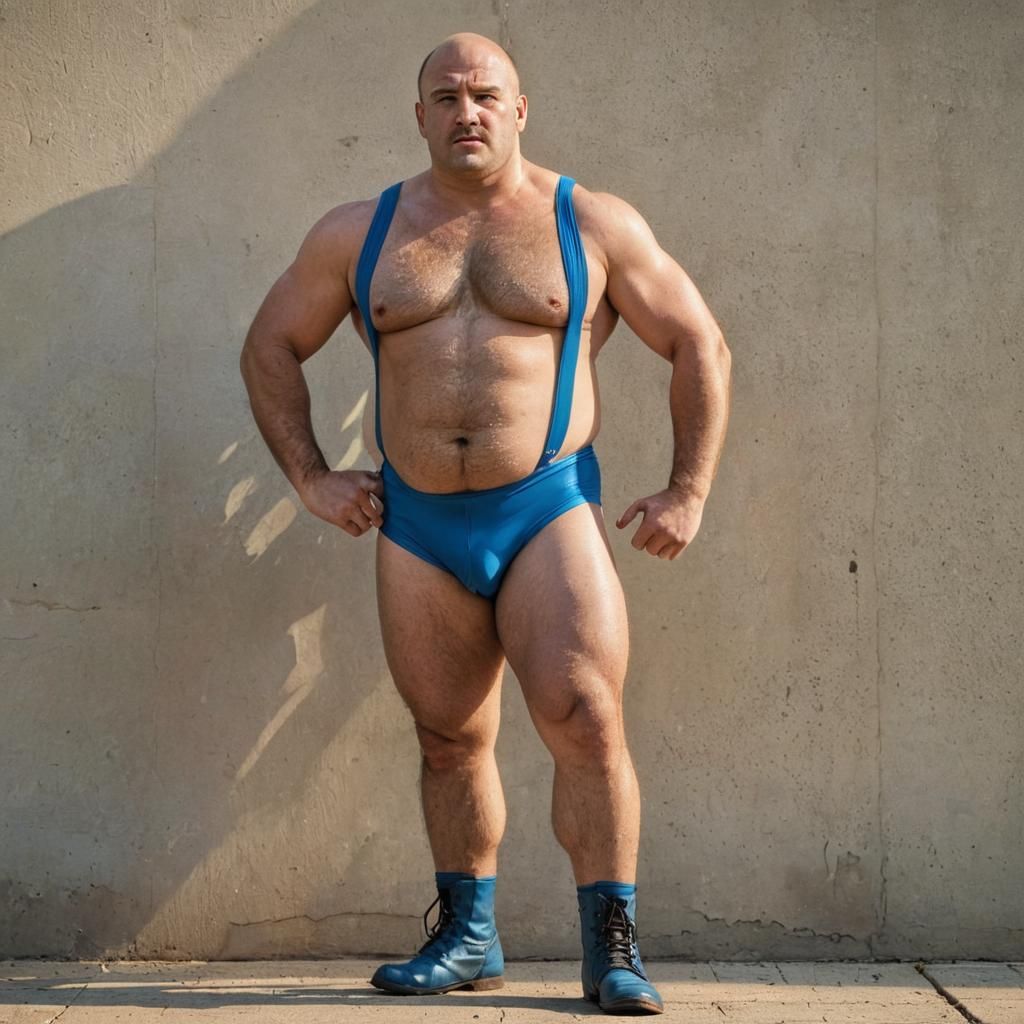 Burly Wrestler Poses in 80s Sports Photography Style