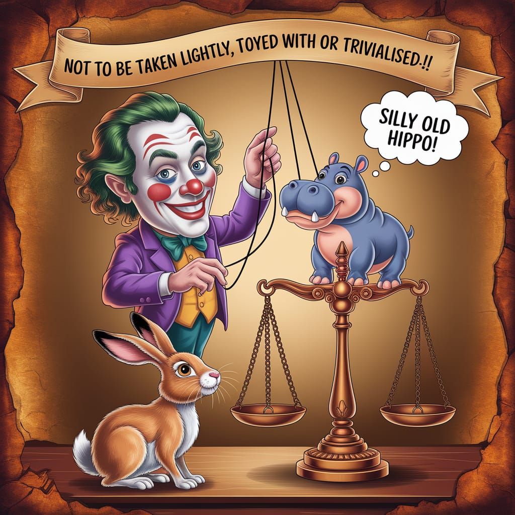 Whimsical Caricature of a Hippo Puppet on Scales