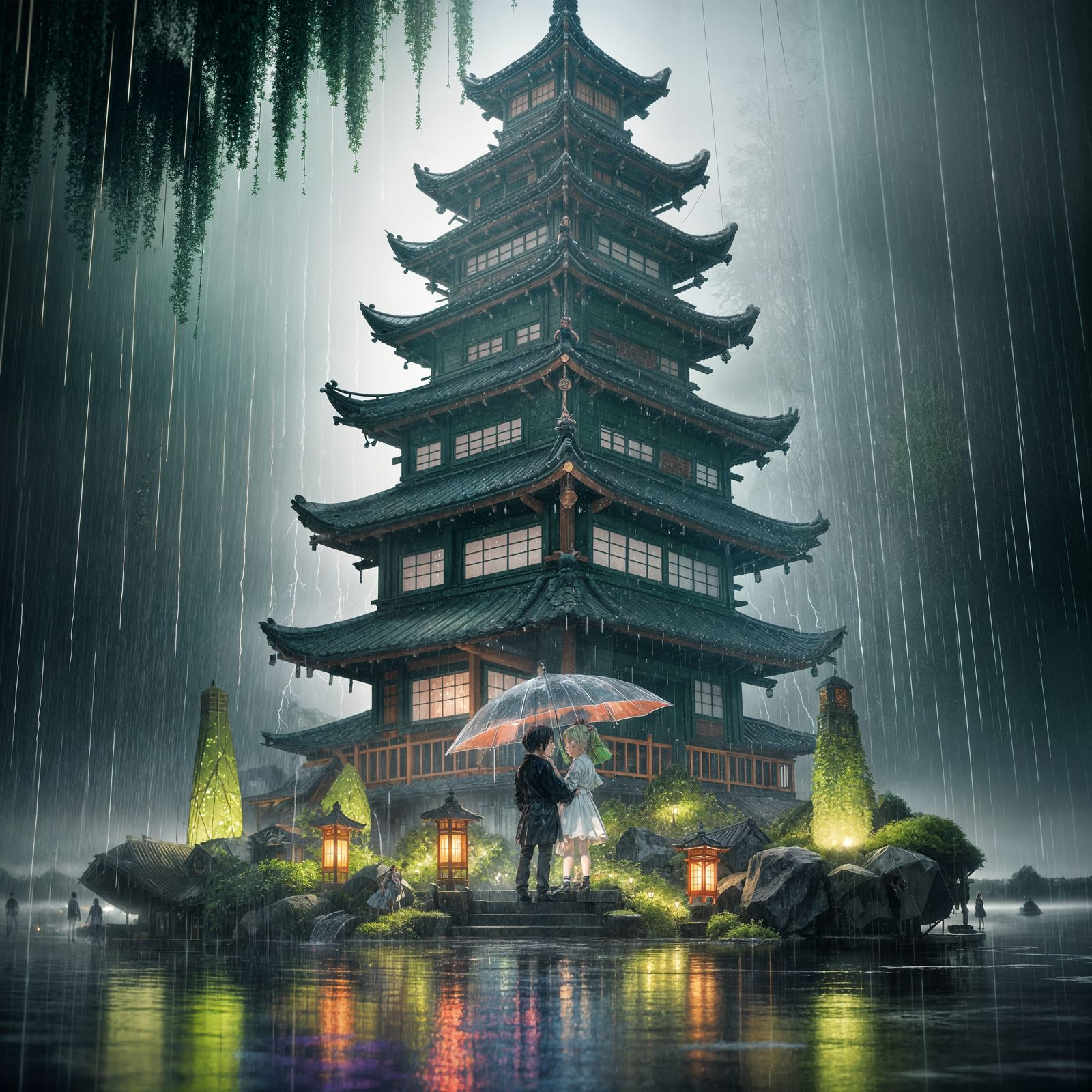 Ethereal Koi Pond Sanctuary beneath Dark Stormy Skies