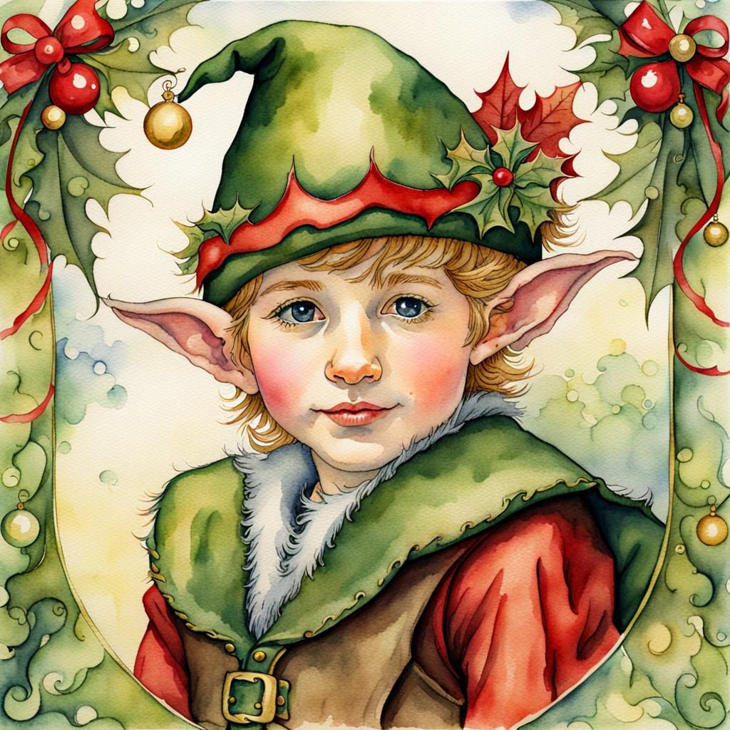 Christmas Elf Portrait in Watercolour Style