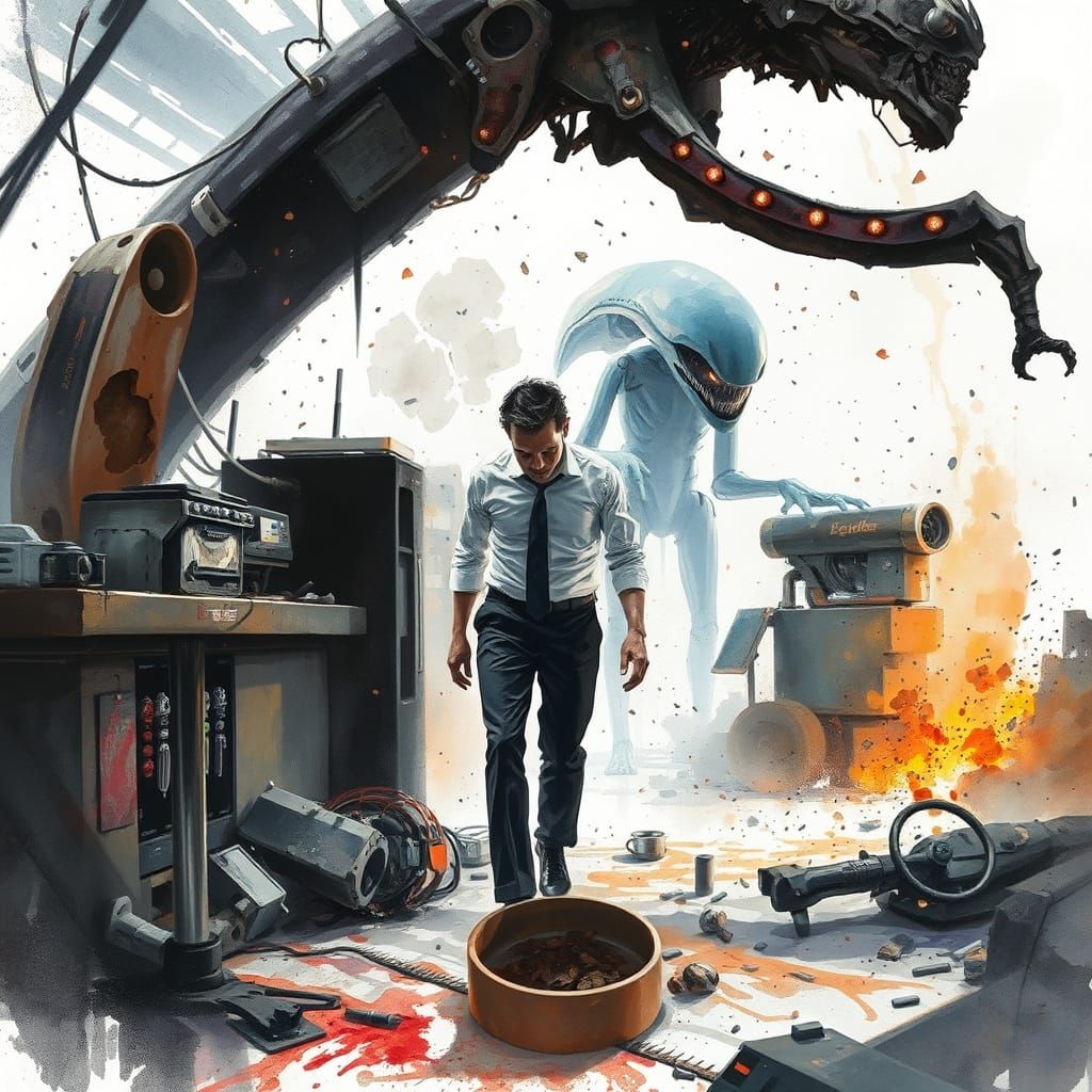 Man Cowers During Alien Attack in Watercolour