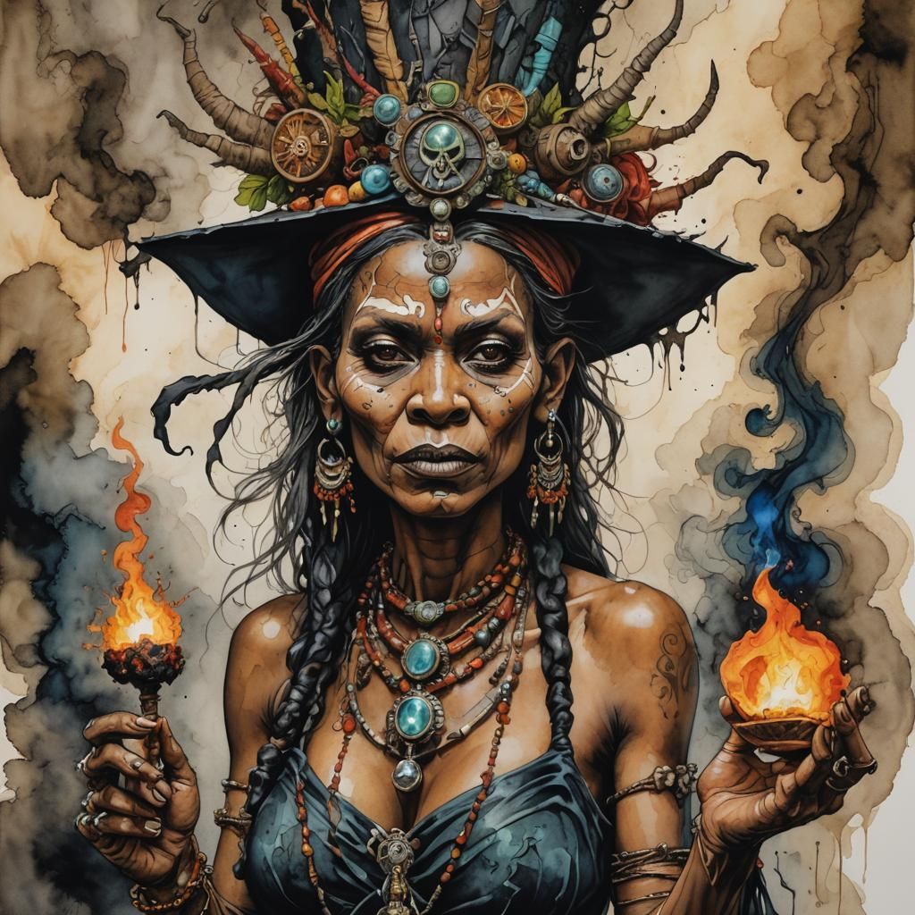Volcanic Witch Doctor in Cubist Alcohol Ink Style